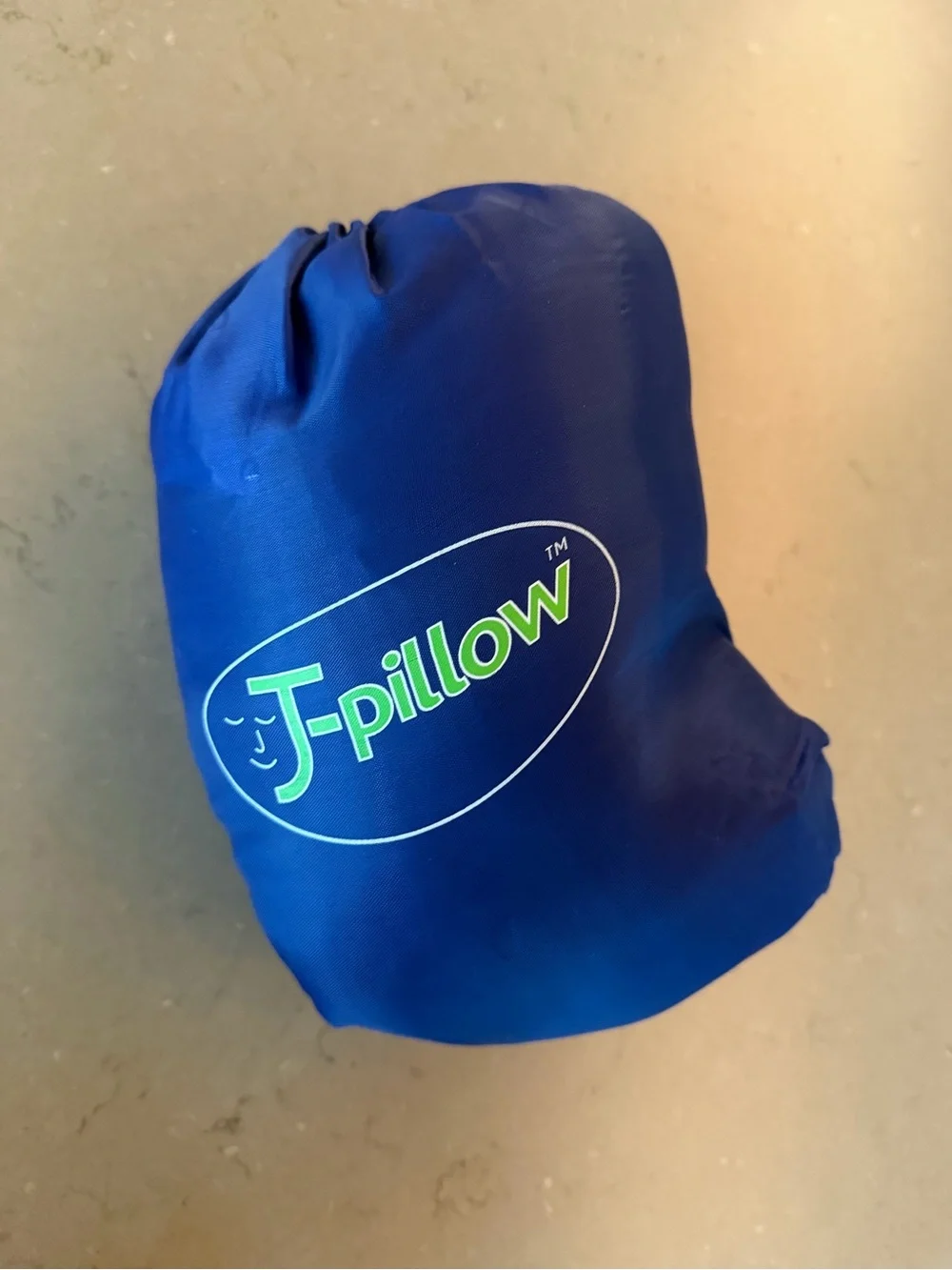 J-Pillow Travel Pillow Airplane Neck & Chin Support w/ Storage Bag EUC Navy Blue